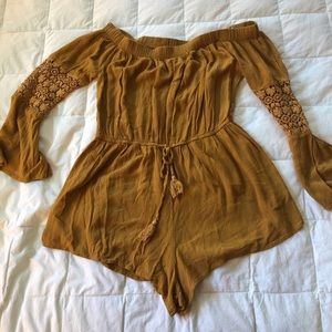 Crocheted long sleeve off shoulder romper